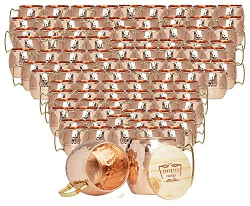 Set of 100 100% Pure Copper Moscow Mule Mugs By Advanced Mixology (16 oz each) with 100 Artisan Hand Crafted Wooden Coasters - Barrel With Brass Handle