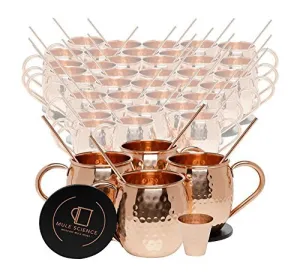 Set of 40 Pure Copper Moscow Mule Mugs by Mule Science with BONUS: Cocktail Copper 40 Straws, 2 Shot glasses and 40 coasters!