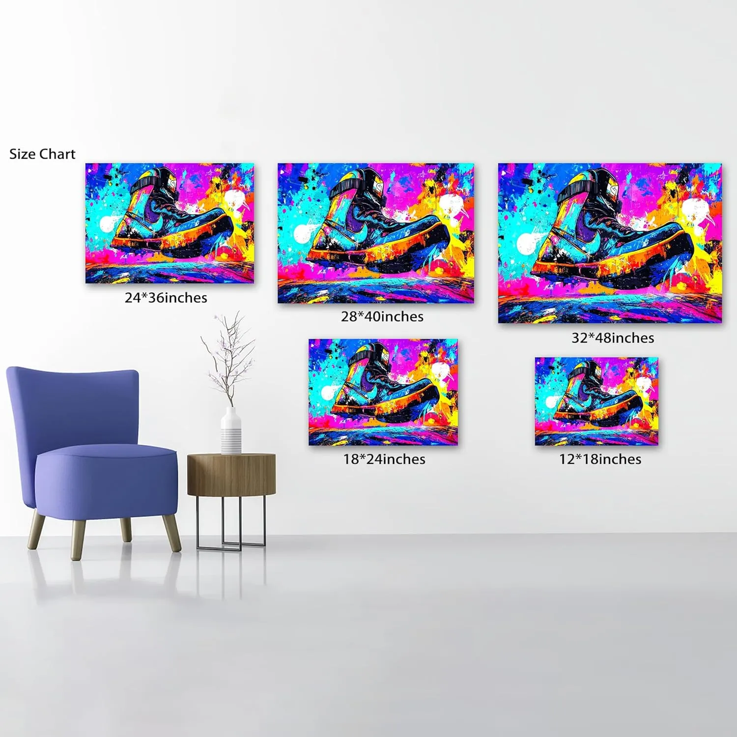 SHMAO Graffiti Sneaker Wall Art, Abstract Graffiti Canvas Wall Art Prints, Neon Graffiti Shoe Picture Prints for Living Room Bedroom Game Room Wall Decor, Framed Graffiti Painting Poster 28x40 Inch