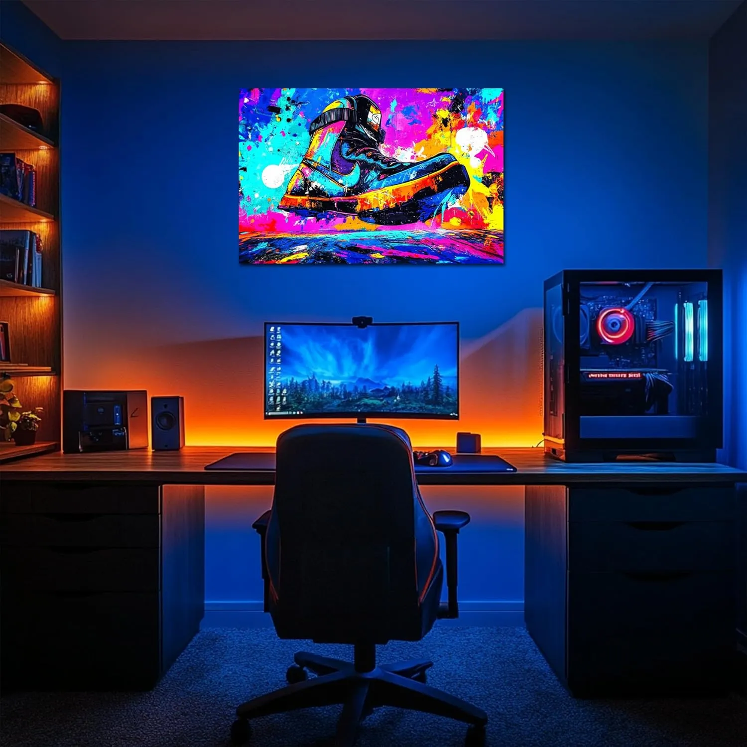 SHMAO Graffiti Sneaker Wall Art, Abstract Graffiti Canvas Wall Art Prints, Neon Graffiti Shoe Picture Prints for Living Room Bedroom Game Room Wall Decor, Framed Graffiti Painting Poster 28x40 Inch