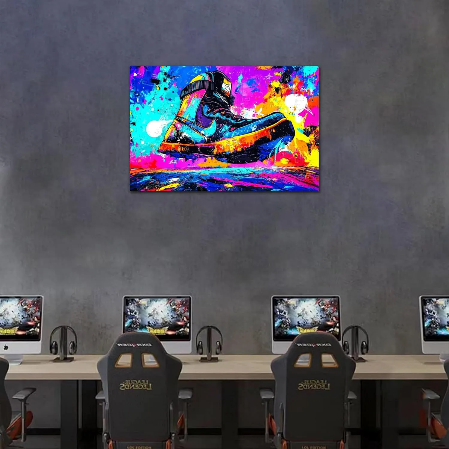 SHMAO Graffiti Sneaker Wall Art, Abstract Graffiti Canvas Wall Art Prints, Neon Graffiti Shoe Picture Prints for Living Room Bedroom Game Room Wall Decor, Framed Graffiti Painting Poster 28x40 Inch