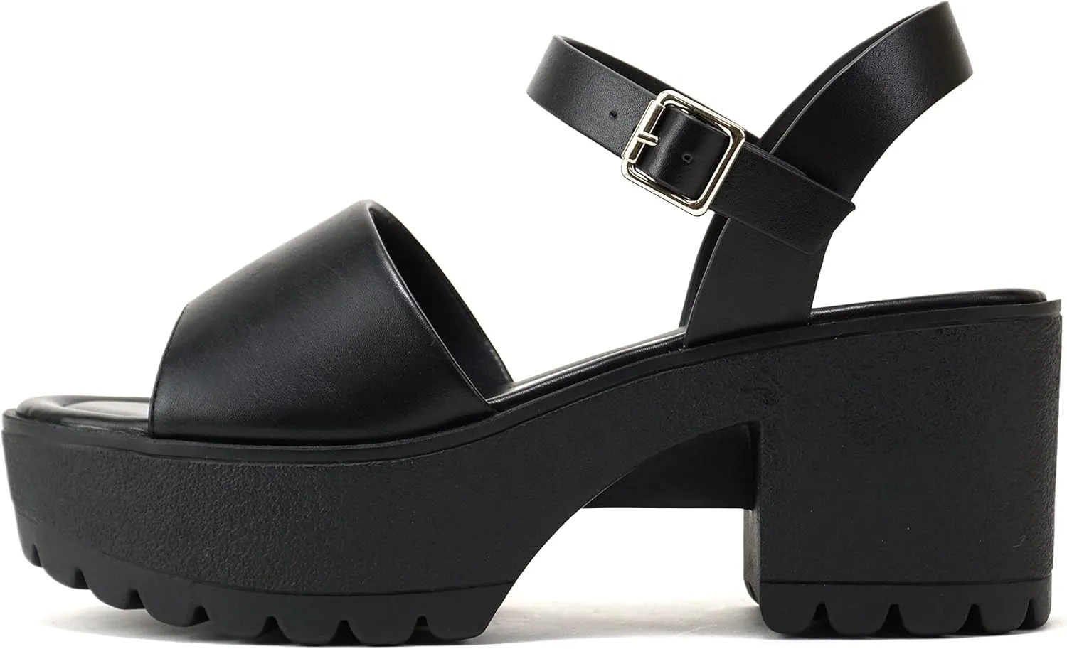 Soda “Stacie” ~ Women Open Toe Lug Sole Mid Block Heeled Sandals with Adjustable Ankle Strap