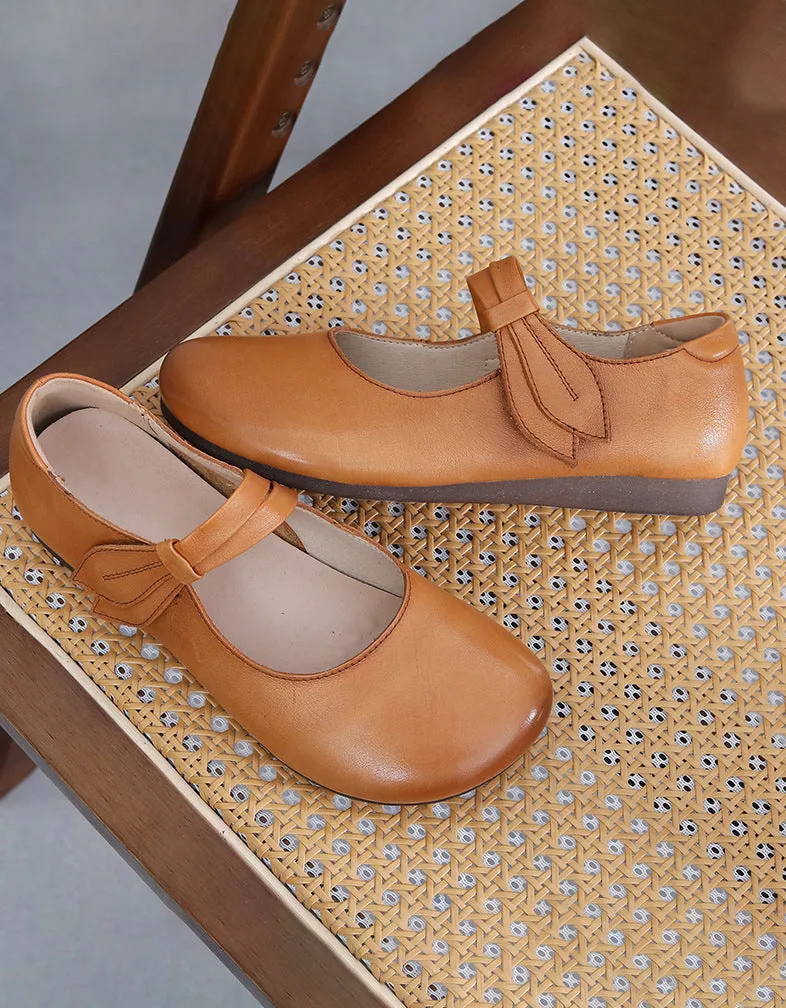 Spring Round Toe Soft Leather Retro Flat Shoes
