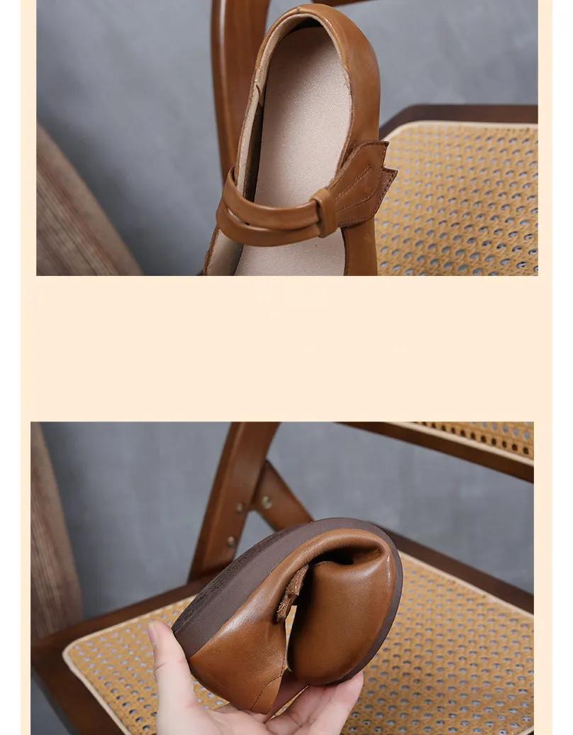 Spring Round Toe Soft Leather Retro Flat Shoes