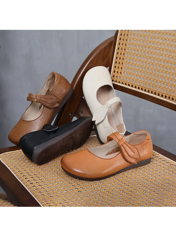 Spring Round Toe Soft Leather Retro Flat Shoes