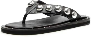 Studded Thong Sandals for Women Round Clip Toe Slip On Flip Flops Slides Comfortable Contrast Tacked Slipper Shoes
