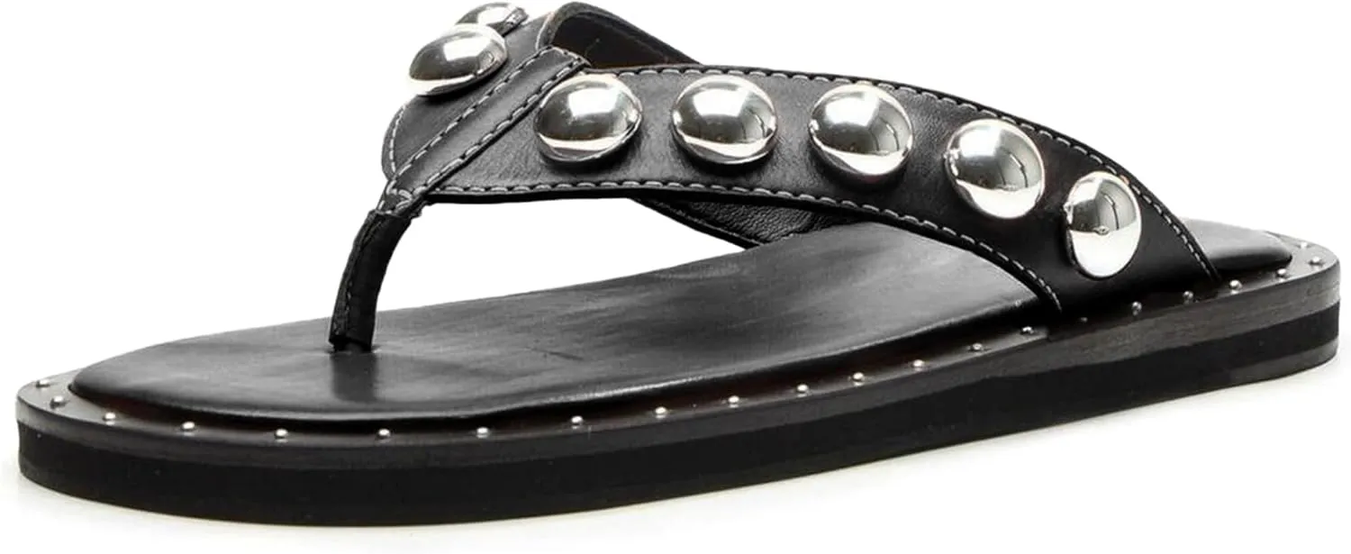 Studded Thong Sandals for Women Round Clip Toe Slip On Flip Flops Slides Comfortable Contrast Tacked Slipper Shoes