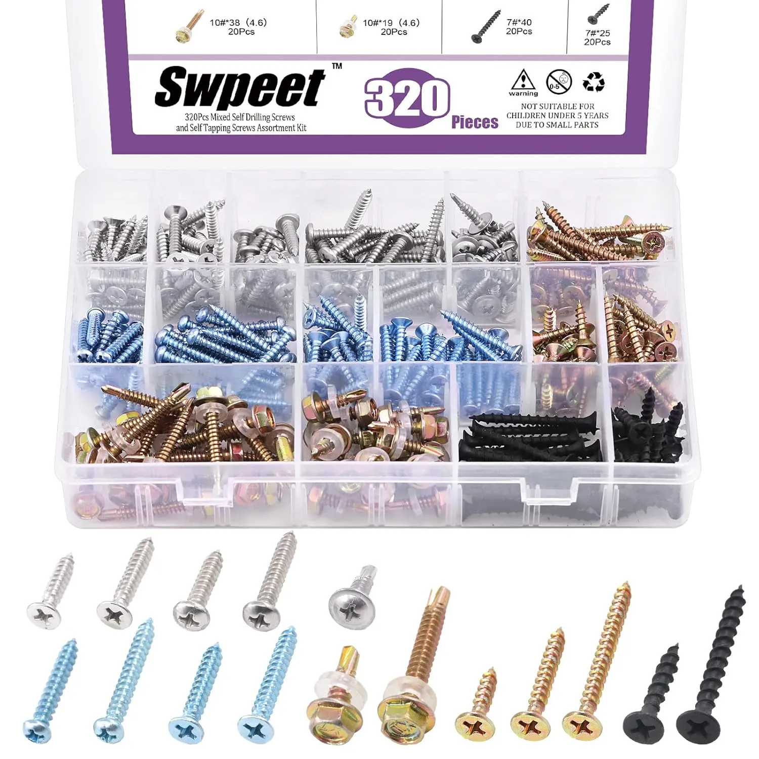 Swpeet 320Pcs 16 Mixed Self Drilling & Self Tapping Screws Wood Screws Assortment Kit, Multi-use Perfect for Wood Screws, Sheet Metal Screws, and Drywall Screws