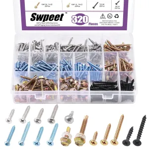 Swpeet 320Pcs 16 Mixed Self Drilling & Self Tapping Screws Wood Screws Assortment Kit, Multi-use Perfect for Wood Screws, Sheet Metal Screws, and Drywall Screws