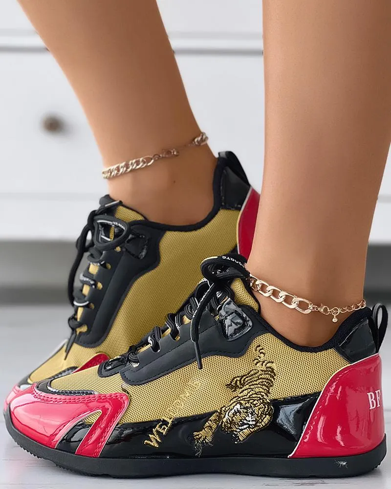 Tiger Embroidery Colorblock Lace up Sneakers