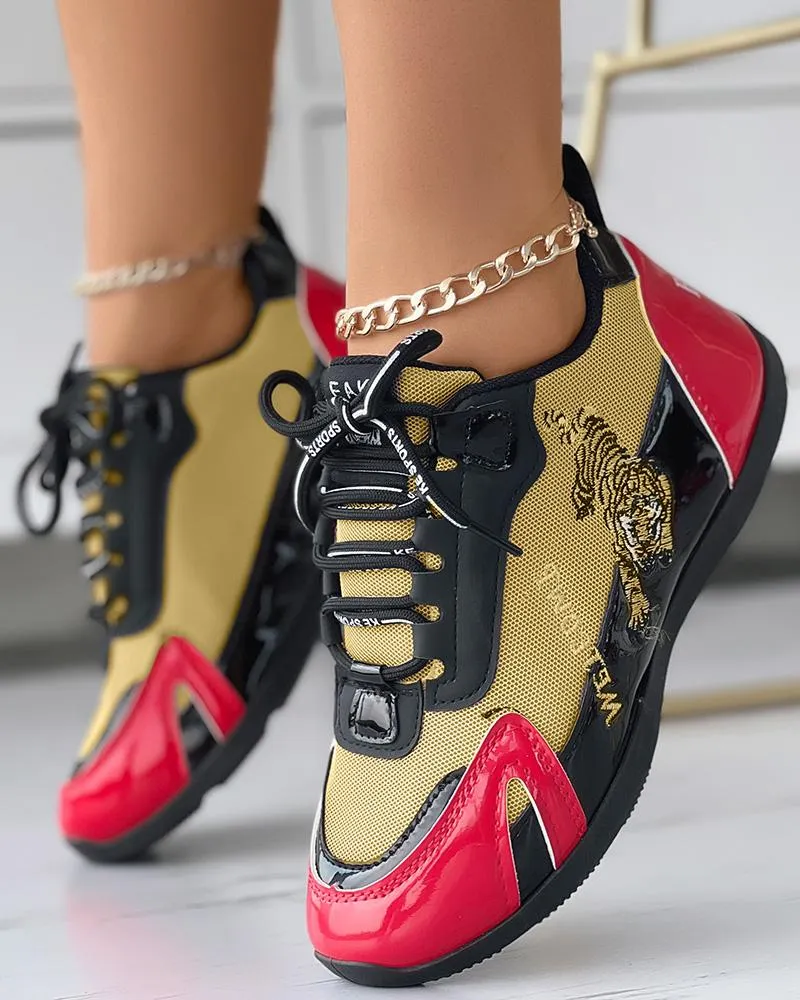 Tiger Embroidery Colorblock Lace up Sneakers
