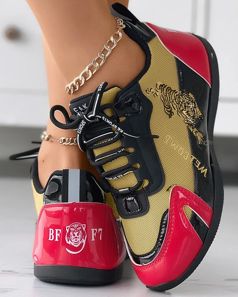 Tiger Embroidery Colorblock Lace up Sneakers