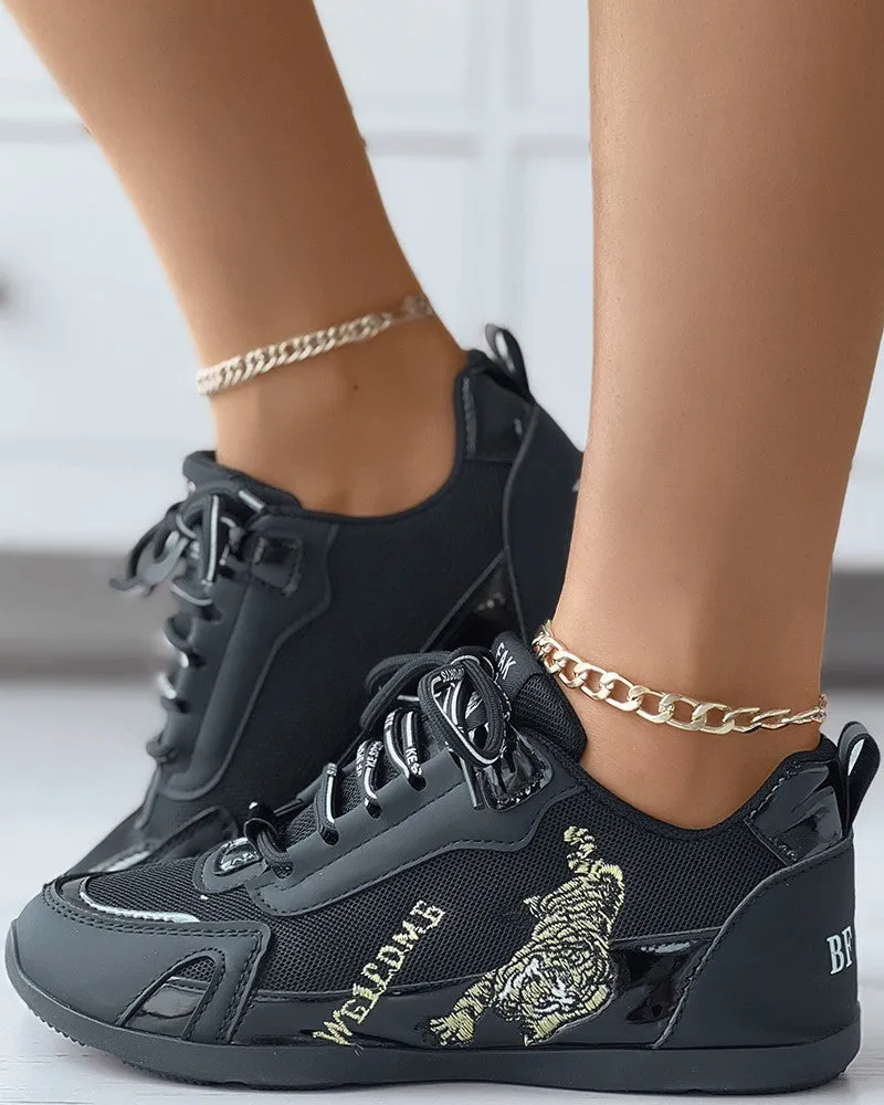 Tiger Embroidery Colorblock Lace up Sneakers