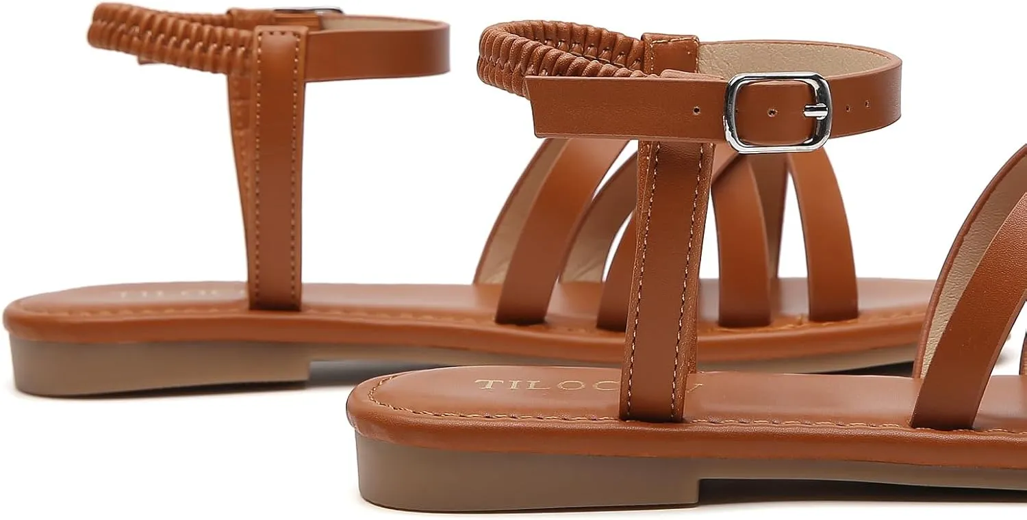 Tilocow Woven Women Flat Sandals Round Toe Buckle Slides Cross Strappy Casual Shoes for Summer