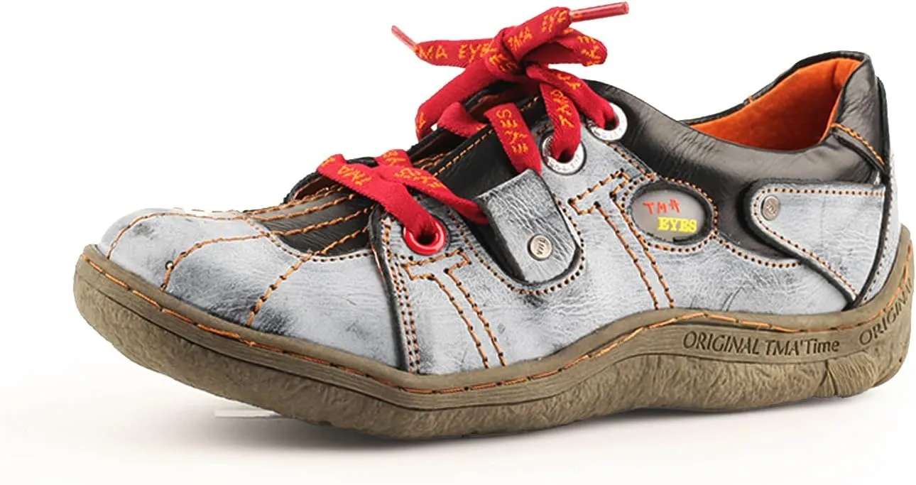 TMA EYES Ladies' Hand-Sewn Thread Genuine Leather Flat Wide-Toe Sports Casual Shoes
