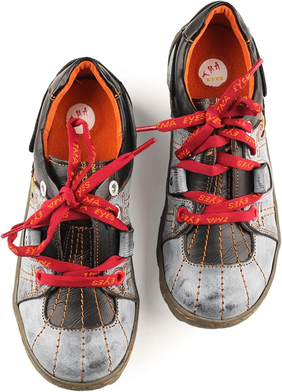 TMA EYES Ladies' Hand-Sewn Thread Genuine Leather Flat Wide-Toe Sports Casual Shoes