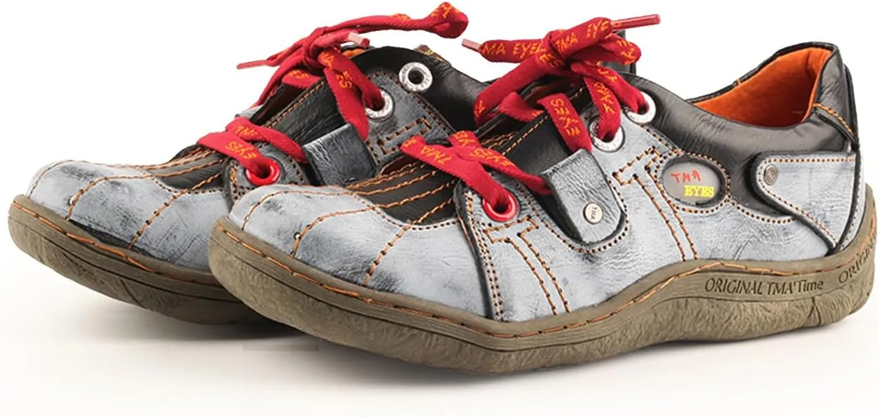 TMA EYES Ladies' Hand-Sewn Thread Genuine Leather Flat Wide-Toe Sports Casual Shoes
