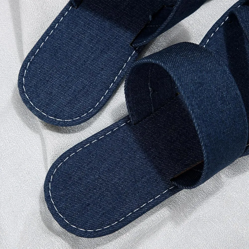 Ulalaza Women's Denim Slides Casual Jean Cloth Flat Mules Open Toe Wedge Slippers Platform Clogs Non-Slip Boho Sandals Close Pointed Toe Heels Backless Slip-On Loafers Walking Flip Flops