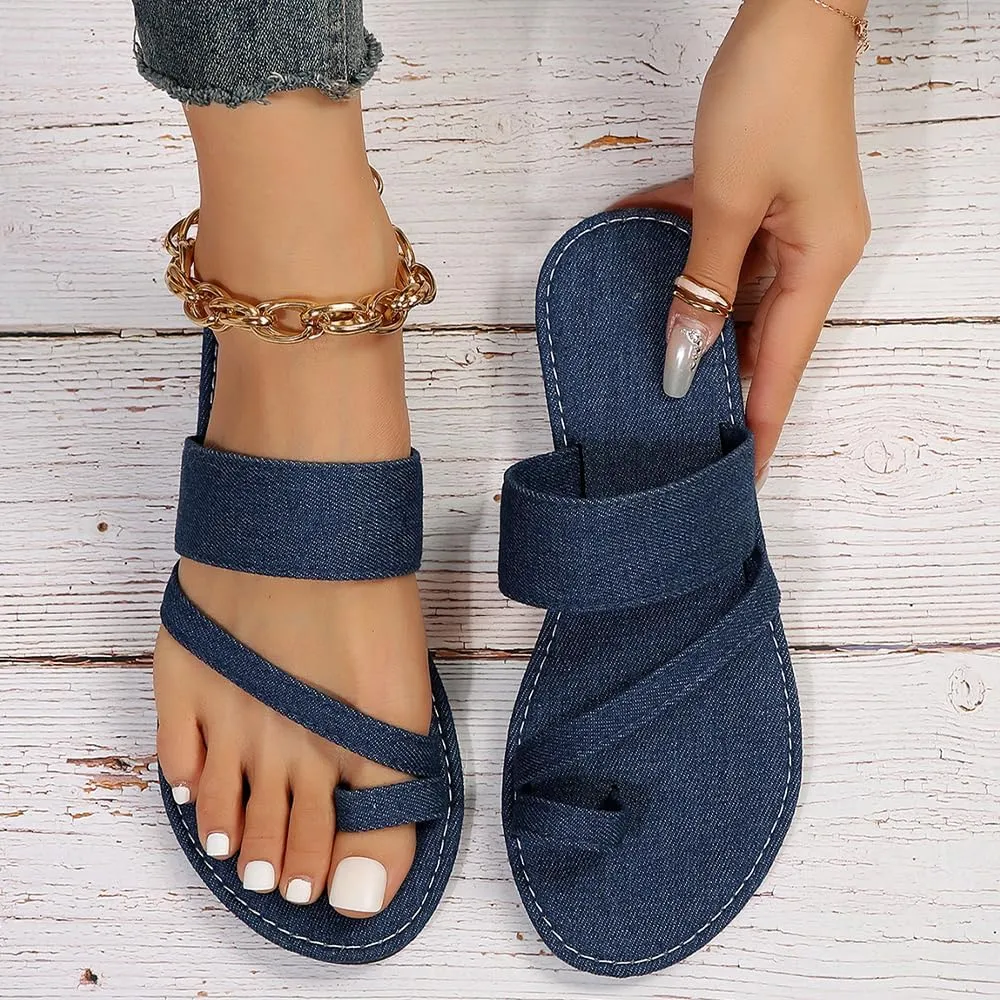Ulalaza Women's Denim Slides Casual Jean Cloth Flat Mules Open Toe Wedge Slippers Platform Clogs Non-Slip Boho Sandals Close Pointed Toe Heels Backless Slip-On Loafers Walking Flip Flops