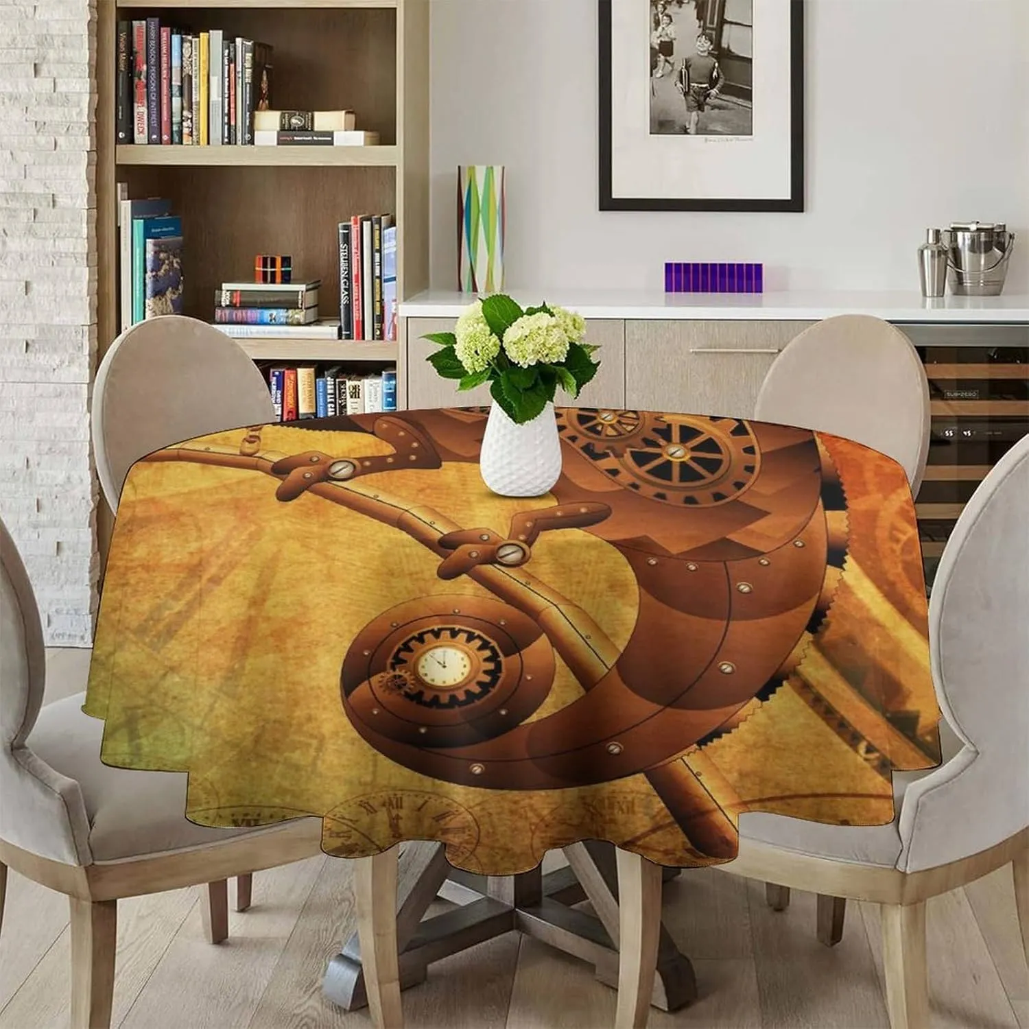 Vintage Clock Machinery Round Tablecloth 70Inch for Kitchen Dining Table,Vintage Classic Industrial Gear Device Steampunk Style Table Cloth for Holiday Round Tablecloths