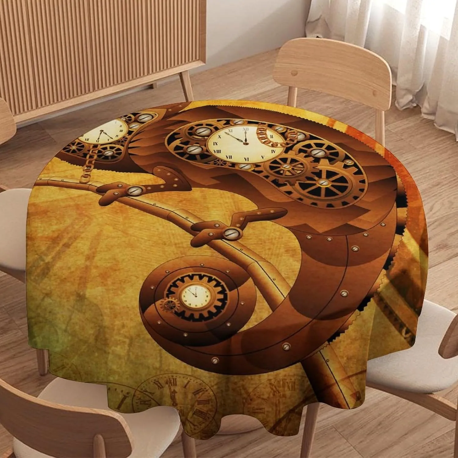 Vintage Clock Machinery Round Tablecloth 70Inch for Kitchen Dining Table,Vintage Classic Industrial Gear Device Steampunk Style Table Cloth for Holiday Round Tablecloths