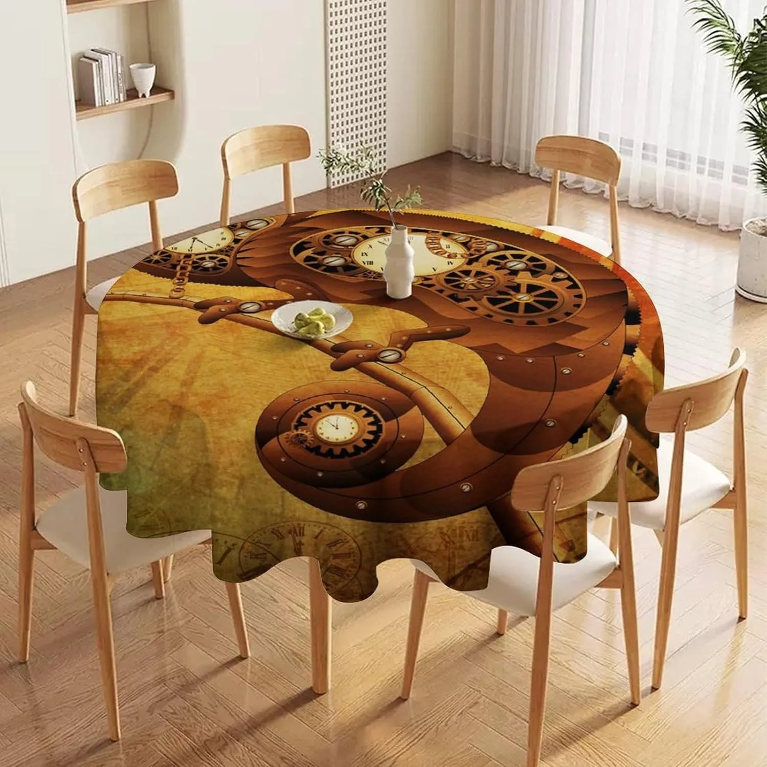 Vintage Clock Machinery Round Tablecloth 70Inch for Kitchen Dining Table,Vintage Classic Industrial Gear Device Steampunk Style Table Cloth for Holiday Round Tablecloths