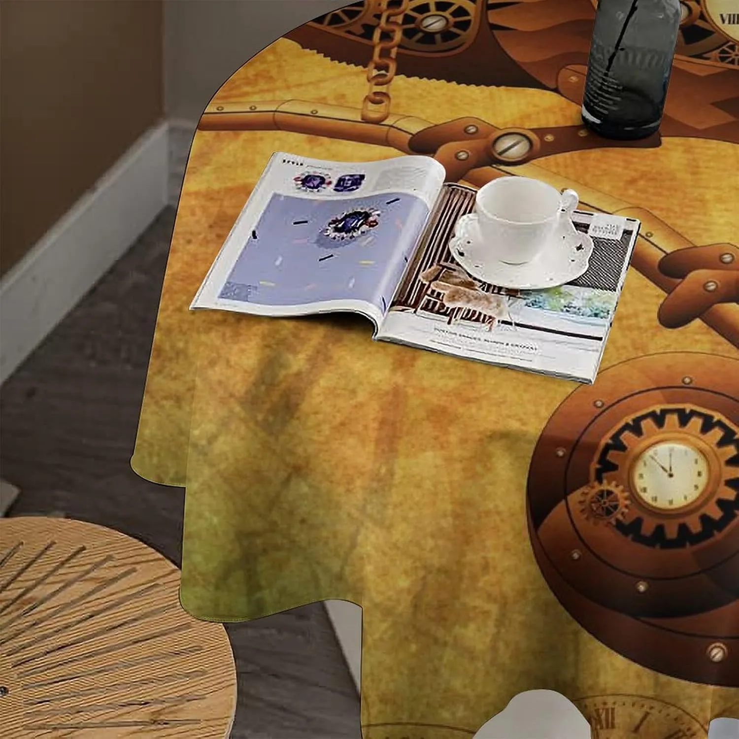 Vintage Clock Machinery Round Tablecloth 70Inch for Kitchen Dining Table,Vintage Classic Industrial Gear Device Steampunk Style Table Cloth for Holiday Round Tablecloths