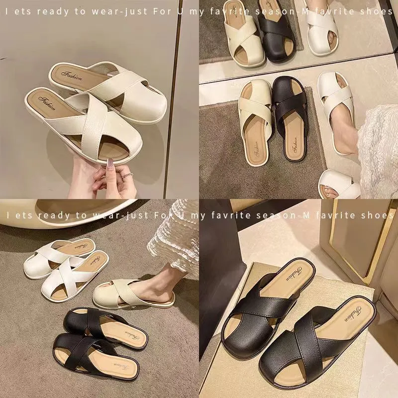VLOVELAW  Hollowed Toe Box Half Slippers Women's Summer  Korean Style Flat Soft Bottom round Head Loafer Women's Shoes Outdoor Slippers Women's