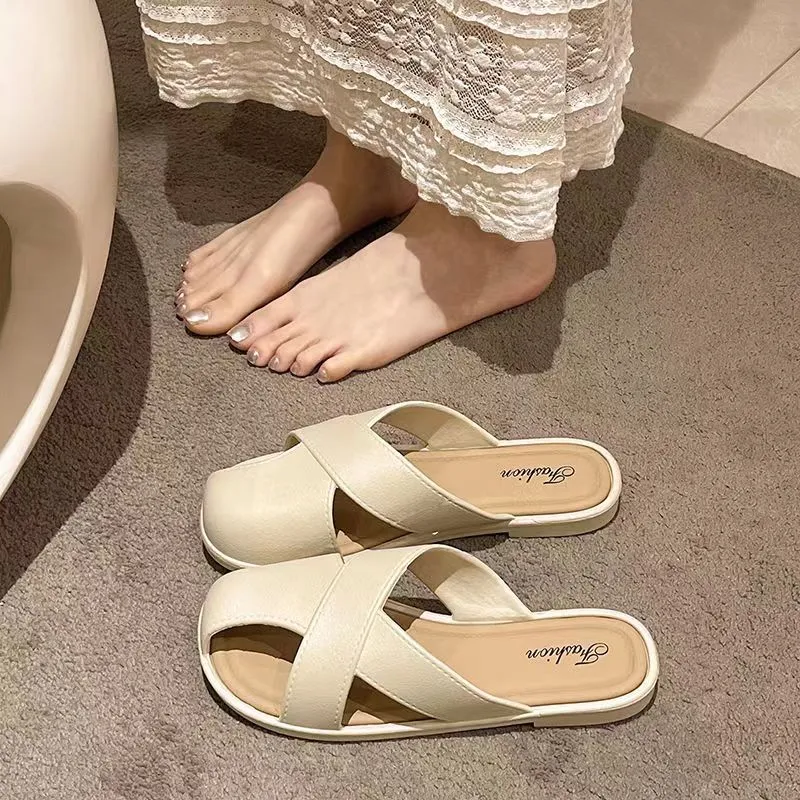 VLOVELAW  Hollowed Toe Box Half Slippers Women's Summer  Korean Style Flat Soft Bottom round Head Loafer Women's Shoes Outdoor Slippers Women's