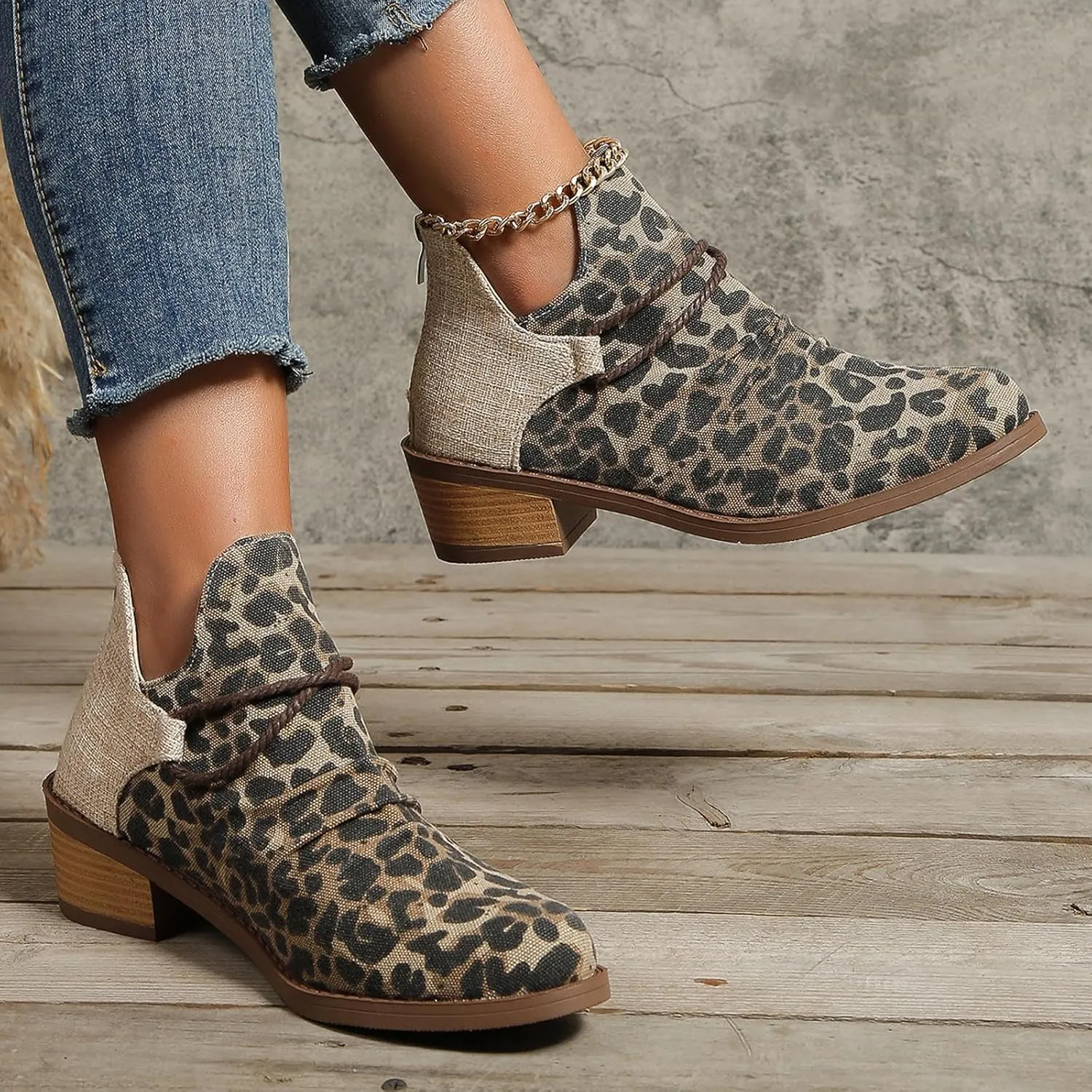 Western Ankle Boots for Women,Women's Pull On Ankle Boots Denim Slip on Walking Short Booties Pointed Toe Leopard Print Canvas Western Cowboy Cowgirl Boots Chunky Stacked Low Heel Bootie