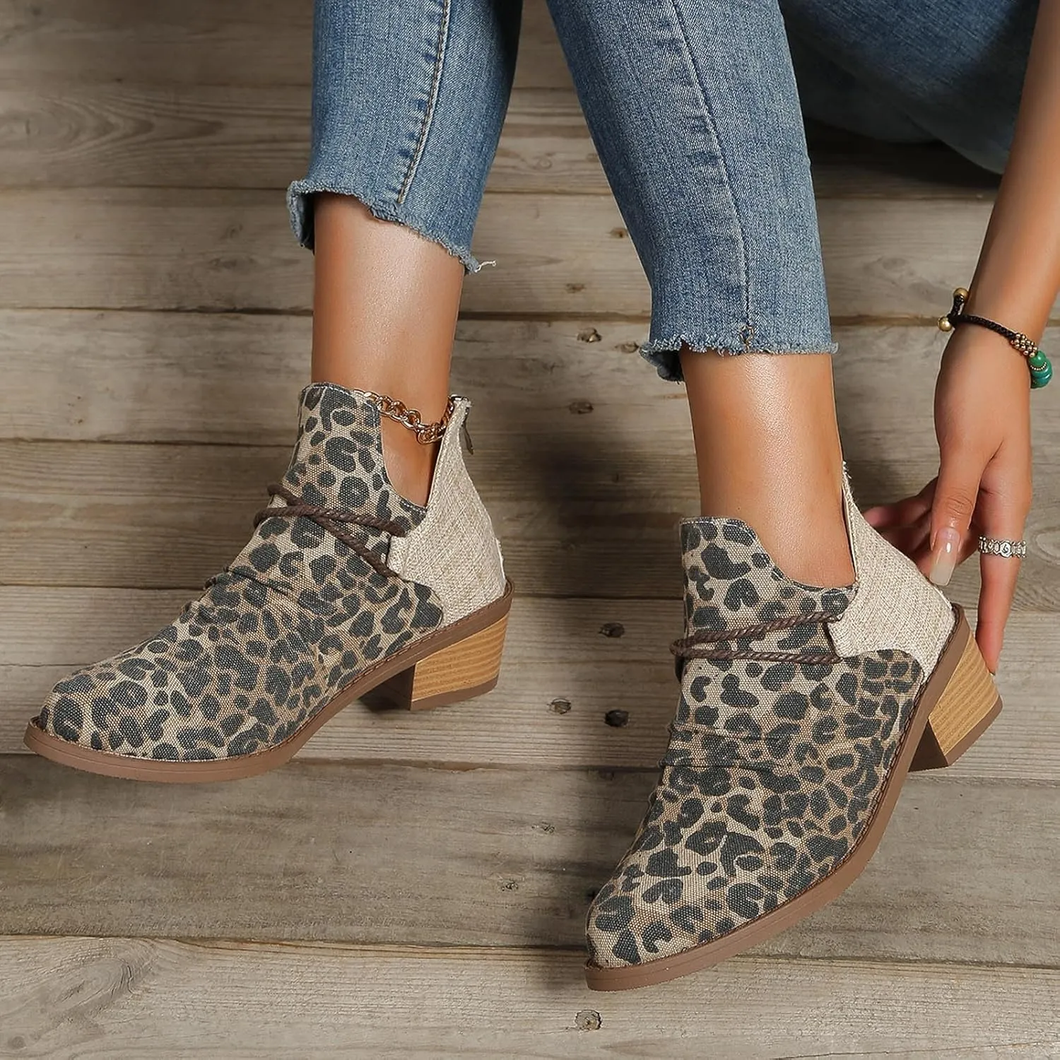Western Ankle Boots for Women,Women's Pull On Ankle Boots Denim Slip on Walking Short Booties Pointed Toe Leopard Print Canvas Western Cowboy Cowgirl Boots Chunky Stacked Low Heel Bootie