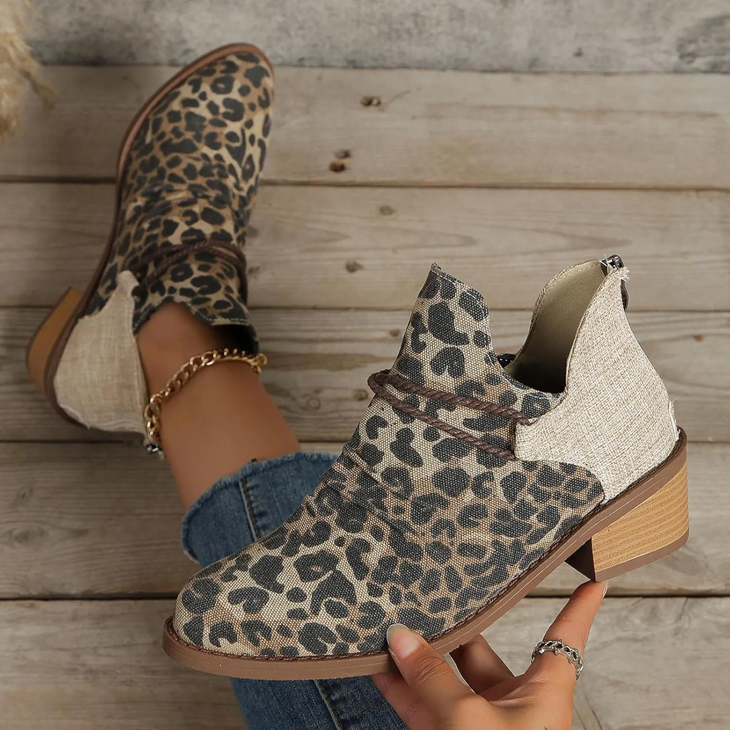 Western Ankle Boots for Women,Women's Pull On Ankle Boots Denim Slip on Walking Short Booties Pointed Toe Leopard Print Canvas Western Cowboy Cowgirl Boots Chunky Stacked Low Heel Bootie
