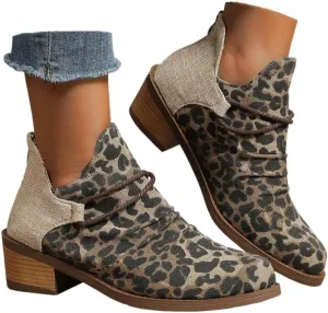 Western Ankle Boots for Women,Women's Pull On Ankle Boots Denim Slip on Walking Short Booties Pointed Toe Leopard Print Canvas Western Cowboy Cowgirl Boots Chunky Stacked Low Heel Bootie