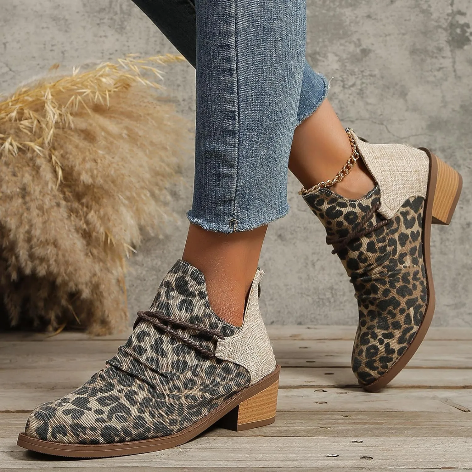 Western Ankle Boots for Women,Women's Pull On Ankle Boots Denim Slip on Walking Short Booties Pointed Toe Leopard Print Canvas Western Cowboy Cowgirl Boots Chunky Stacked Low Heel Bootie