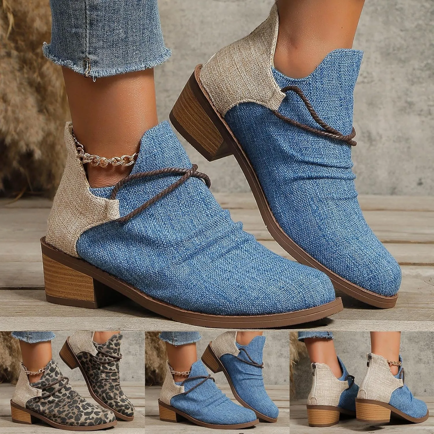 Western Ankle Boots for Women,Women's Pull On Ankle Boots Denim Slip on Walking Short Booties Pointed Toe Leopard Print Canvas Western Cowboy Cowgirl Boots Chunky Stacked Low Heel Bootie