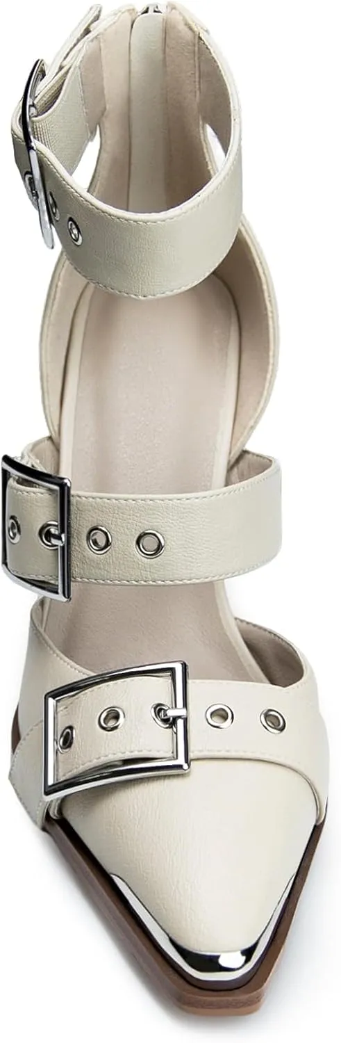 Western Sandals Wedges for Women Closed Pointed Toe Pumps Buckle Straps Comfortable Heels Wedding Dress Shoes