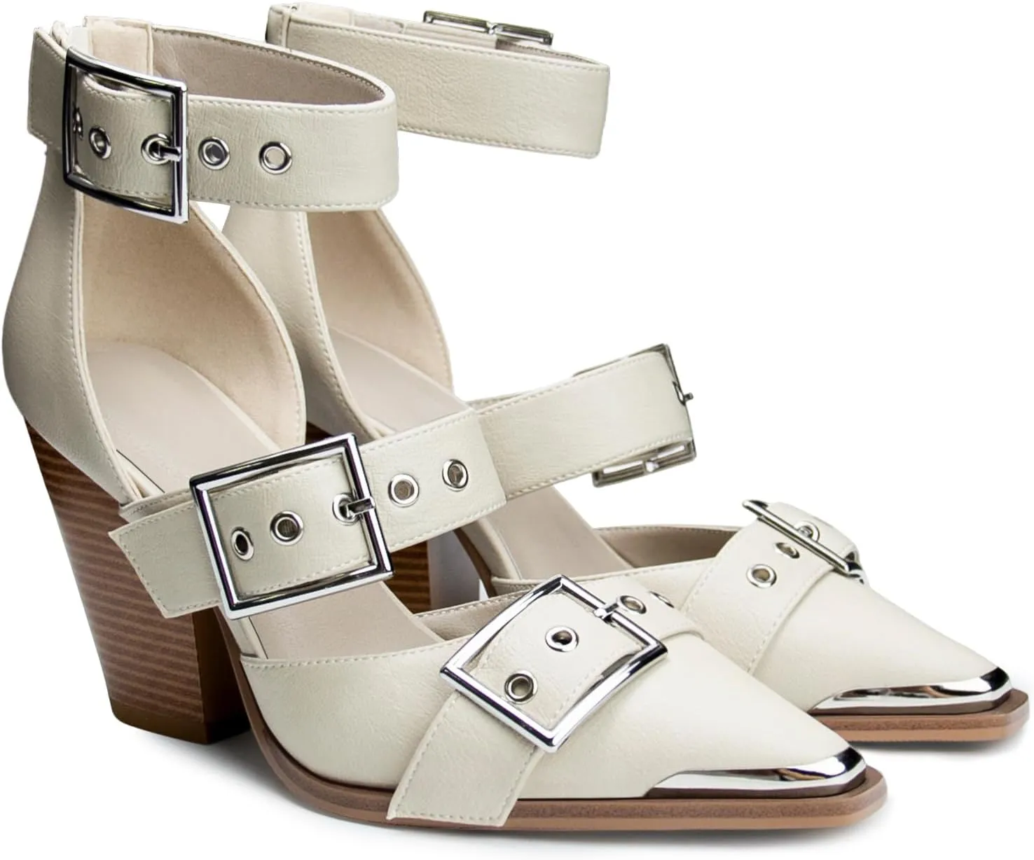 Western Sandals Wedges for Women Closed Pointed Toe Pumps Buckle Straps Comfortable Heels Wedding Dress Shoes