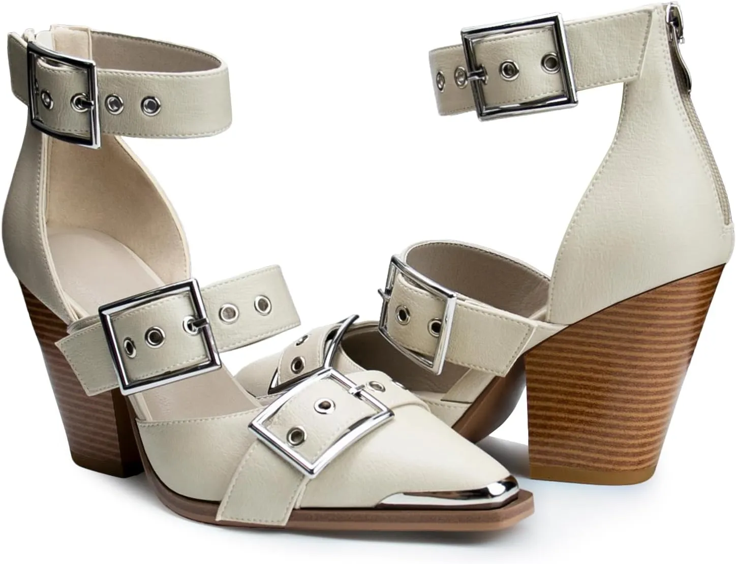 Western Sandals Wedges for Women Closed Pointed Toe Pumps Buckle Straps Comfortable Heels Wedding Dress Shoes