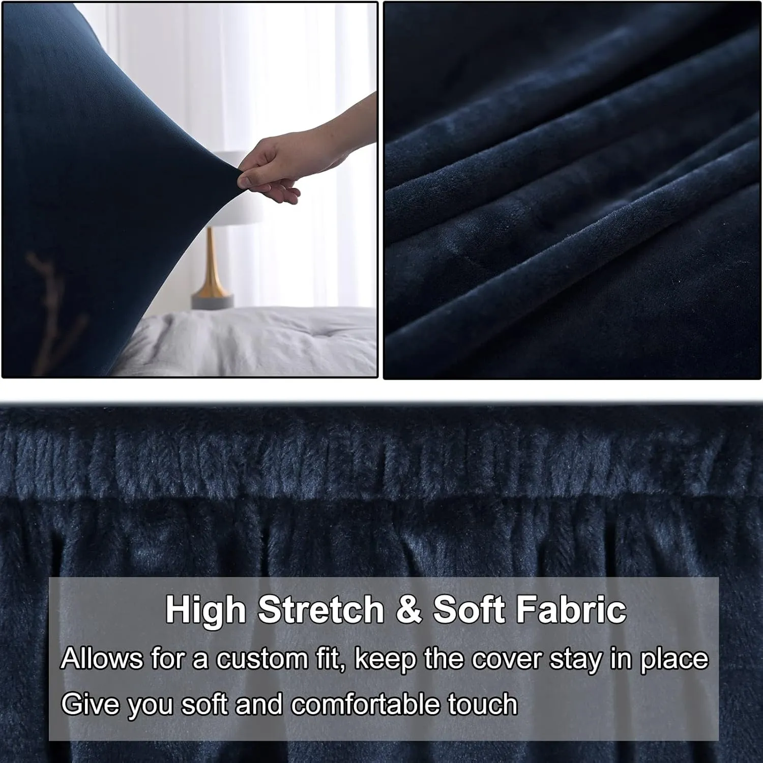 WOMACO Twin/Full Headboard Cover with Remote Pockets, Stretch Velvet Head Board Slipcover, Dustproof Bed Head Cover for Upholstered Headboard (Dark Blue, 35" - 50")