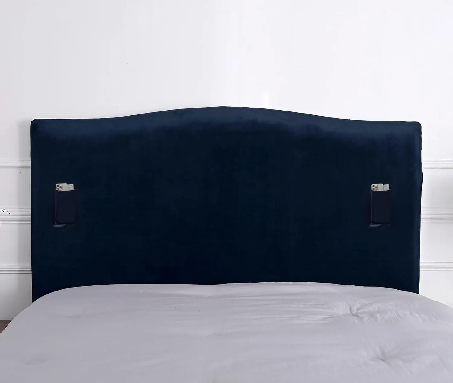 WOMACO Twin/Full Headboard Cover with Remote Pockets, Stretch Velvet Head Board Slipcover, Dustproof Bed Head Cover for Upholstered Headboard (Dark Blue, 35" - 50")
