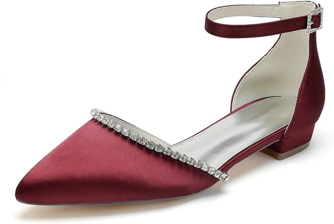 Women Pointed Toe Wedding Pumps Beaded Satin Flats Prom Evening Dress Flat Shoes