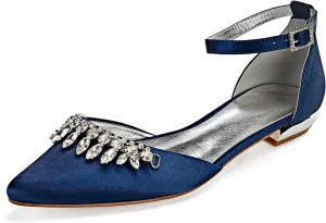 Women Satin Wedding Shoes for Bride Flats Pointed Toe Crystals Party Dress Bridesmaid Shoes