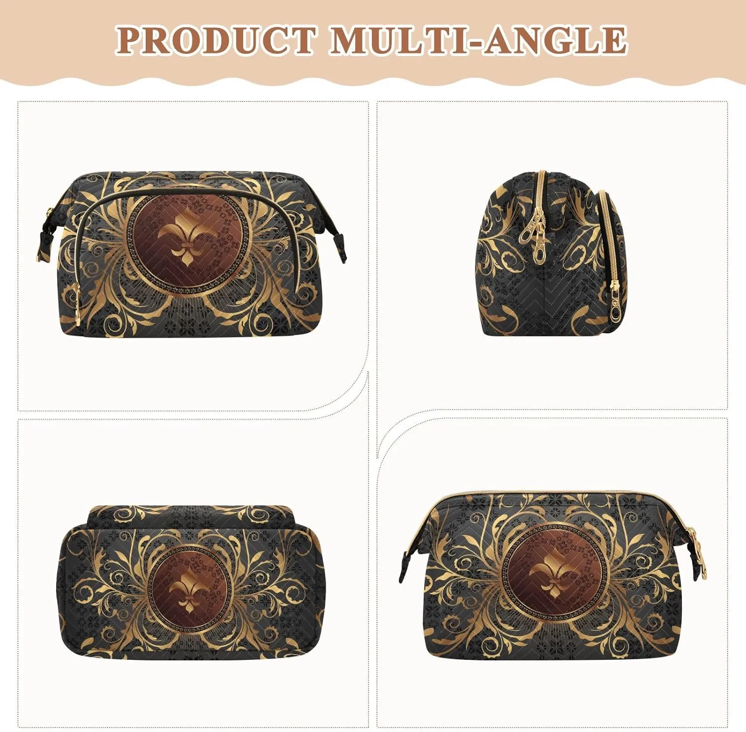 Women Wave Quilt Cosmetic Bag, Storage Pouch Handbag Makeup Case Zipper Toiletry Purse Holder Organizer 10.2x5.9x6.7 in Gold Golden Fleur De Lis Design with Flowers Vintage Background