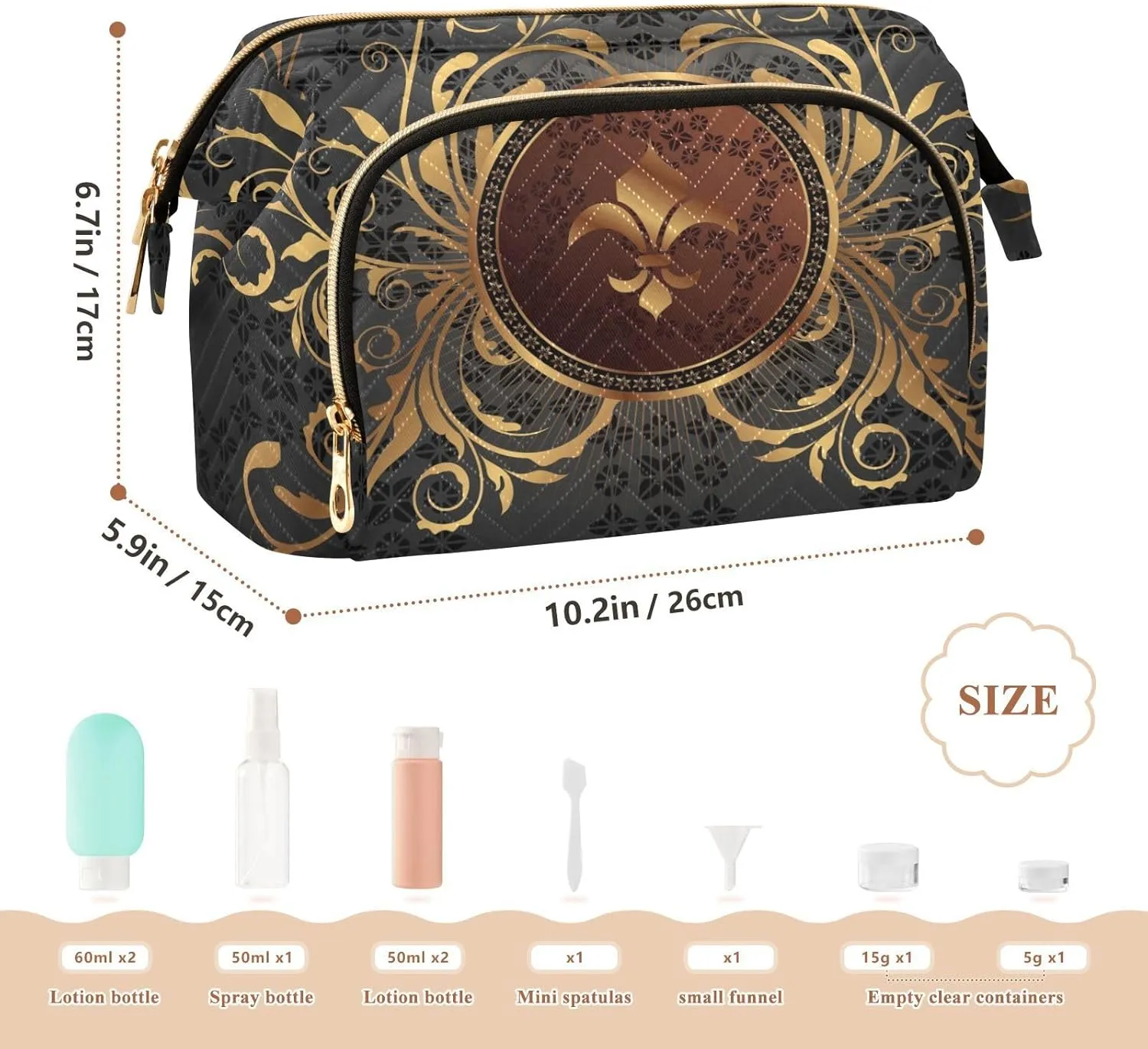Women Wave Quilt Cosmetic Bag, Storage Pouch Handbag Makeup Case Zipper Toiletry Purse Holder Organizer 10.2x5.9x6.7 in Gold Golden Fleur De Lis Design with Flowers Vintage Background