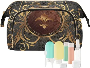 Women Wave Quilt Cosmetic Bag, Storage Pouch Handbag Makeup Case Zipper Toiletry Purse Holder Organizer 10.2x5.9x6.7 in Gold Golden Fleur De Lis Design with Flowers Vintage Background