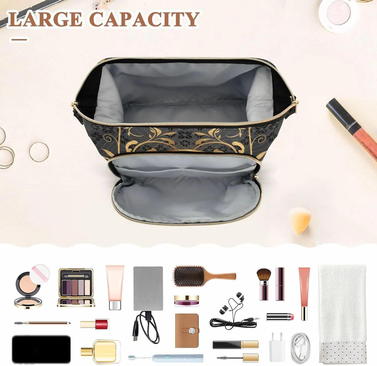 Women Wave Quilt Cosmetic Bag, Storage Pouch Handbag Makeup Case Zipper Toiletry Purse Holder Organizer 10.2x5.9x6.7 in Gold Golden Fleur De Lis Design with Flowers Vintage Background