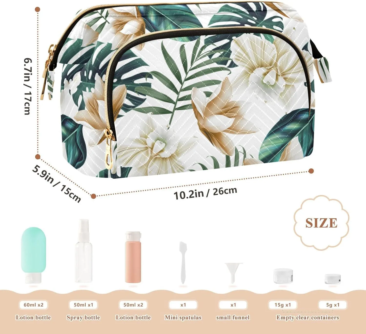 Women Wave Quilt Cosmetic Bag, Storage Pouch Handbag Makeup Case Zipper Toiletry Purse Holder Organizer 10.2x5.9x6.7 in Seamless Green Tropical Pam Tree Leaves White Flowers on White