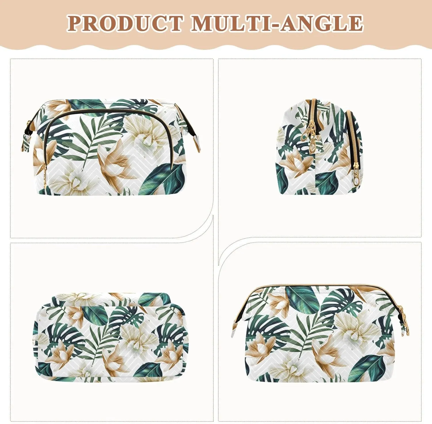 Women Wave Quilt Cosmetic Bag, Storage Pouch Handbag Makeup Case Zipper Toiletry Purse Holder Organizer 10.2x5.9x6.7 in Seamless Green Tropical Pam Tree Leaves White Flowers on White