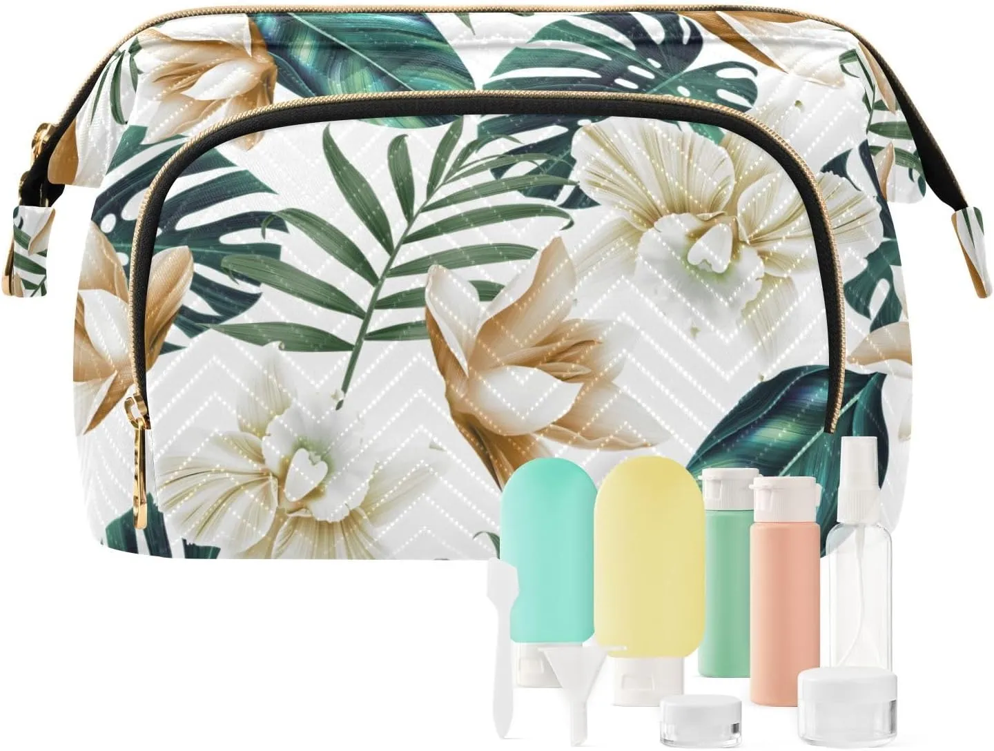 Women Wave Quilt Cosmetic Bag, Storage Pouch Handbag Makeup Case Zipper Toiletry Purse Holder Organizer 10.2x5.9x6.7 in Seamless Green Tropical Pam Tree Leaves White Flowers on White