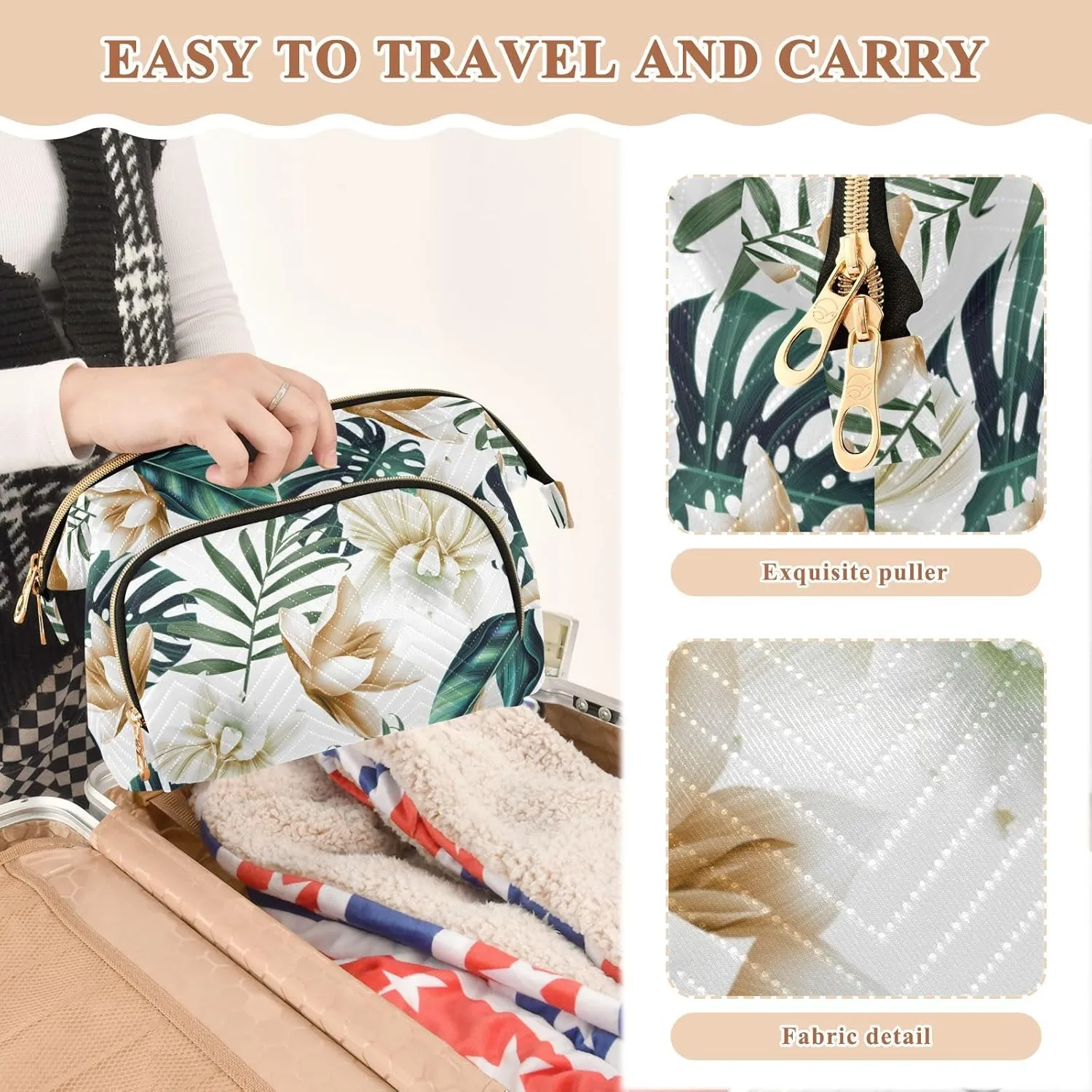 Women Wave Quilt Cosmetic Bag, Storage Pouch Handbag Makeup Case Zipper Toiletry Purse Holder Organizer 10.2x5.9x6.7 in Seamless Green Tropical Pam Tree Leaves White Flowers on White